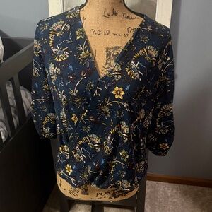 Iz Byer Navy and Yellow Floral Blouse